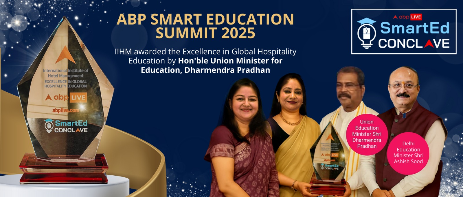 IIHM awarded for Excellence in Global Hospitality Education at ABP Summit 2025 as a top hotel management institute.