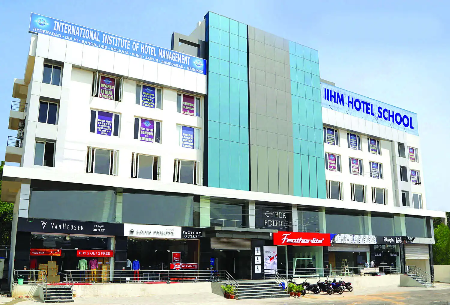 Modern facade of IIHM Hyderabad campus, a top hotel management college offering international degrees and global hospitality training.