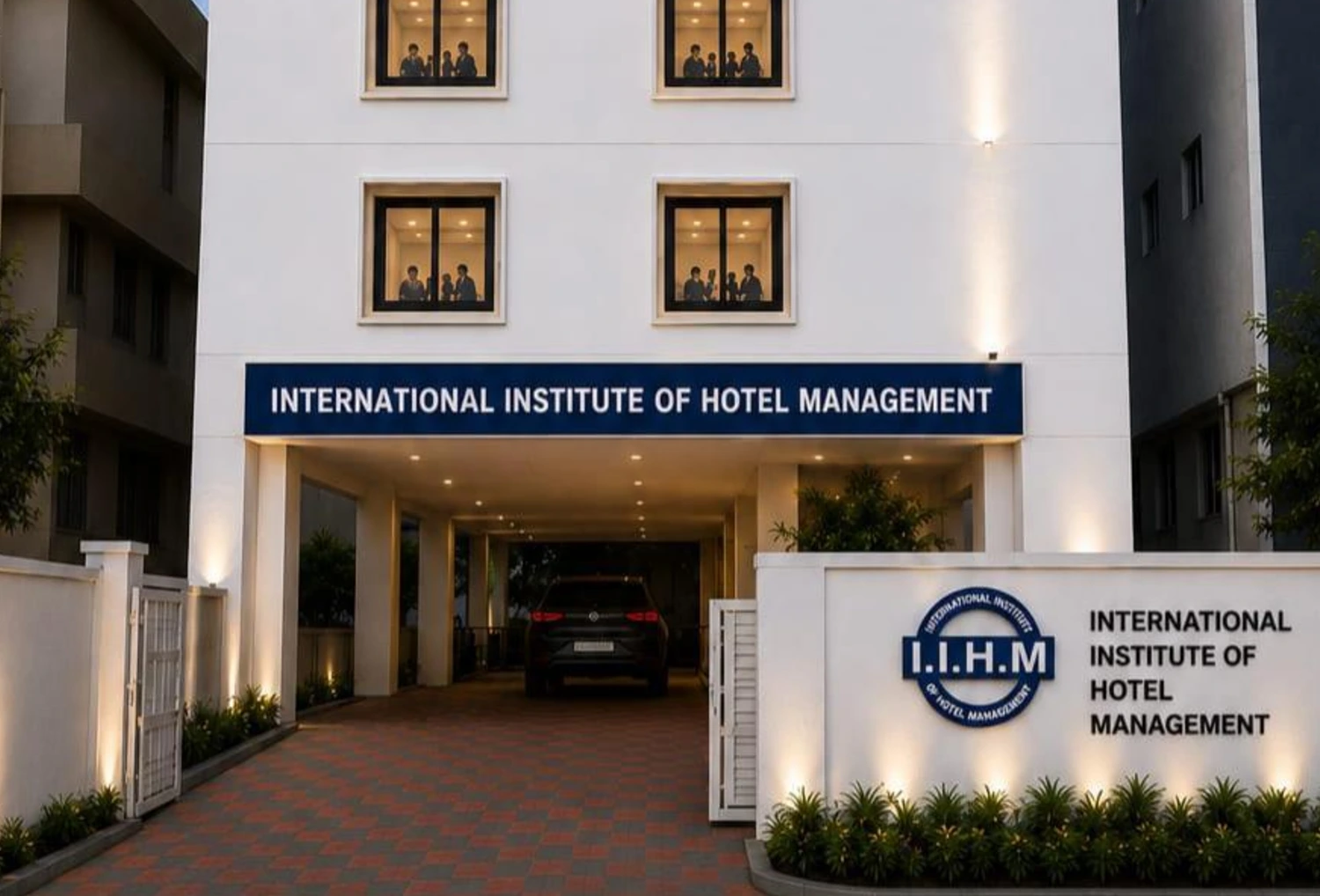 Modern facade of IIHM Hyderabad campus, a top hotel management college offering international degrees and global hospitality training.