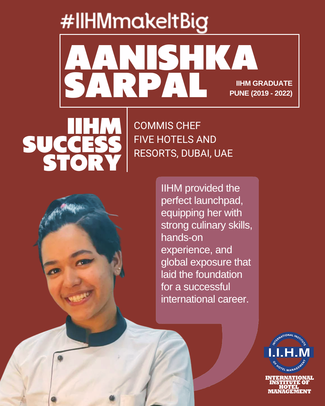 Aanishka Sarpal, IIHM Pune, India alumna and commis chef in Dubai, reflects global success from a top hospitality institute.