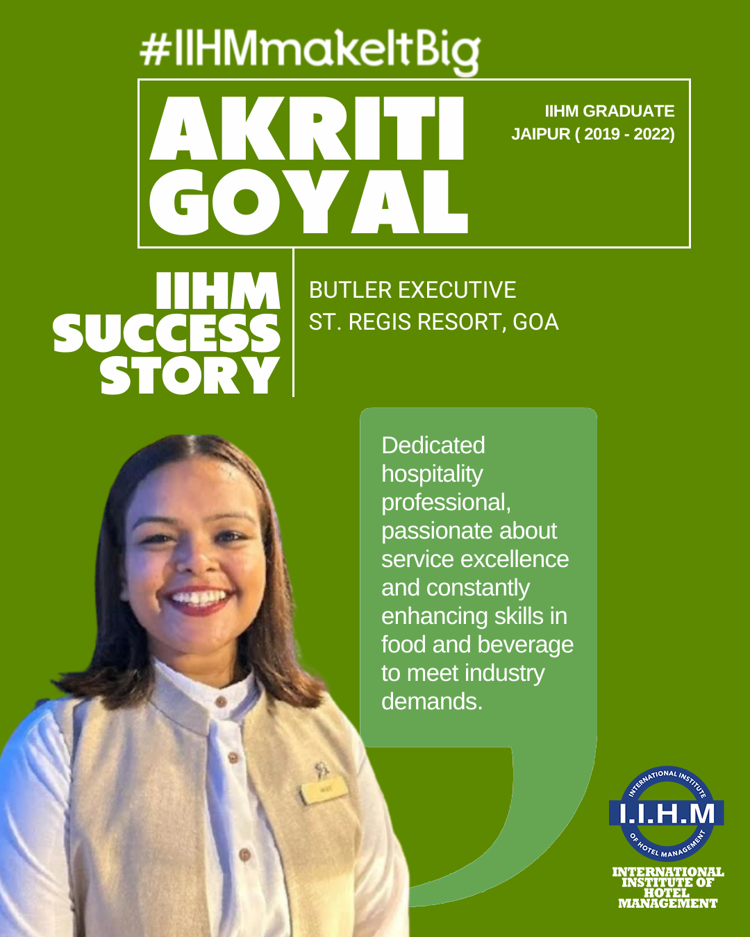 Akriti Goyal, IIHM Jaipur, India graduate and Butler Executive in Goa, reflects the excellence of a top hotel management institute.