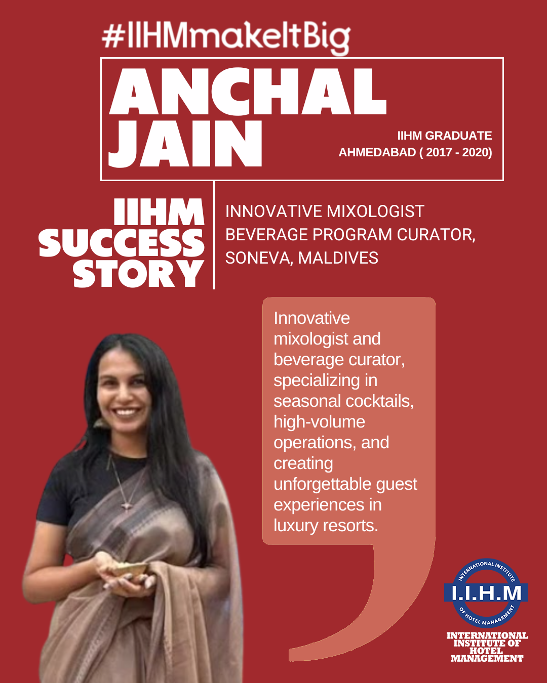 Anchal Jain, graduate of IIHM Ahmedabad, India, excels as a mixologist in Maldives, representing a best hospitality college.